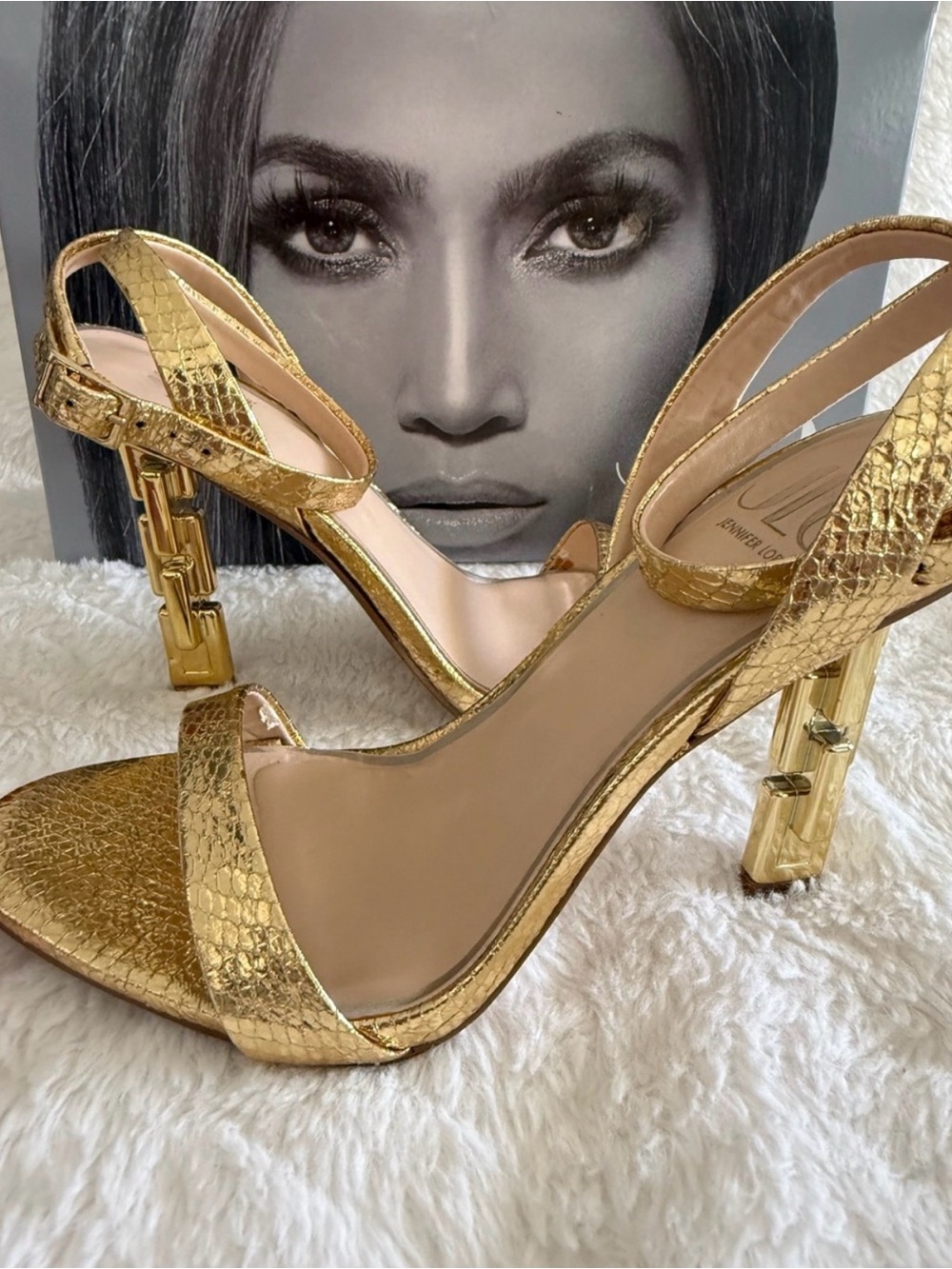 Jennifer Lopez Metallic Gold Textured Block Heel Sandals